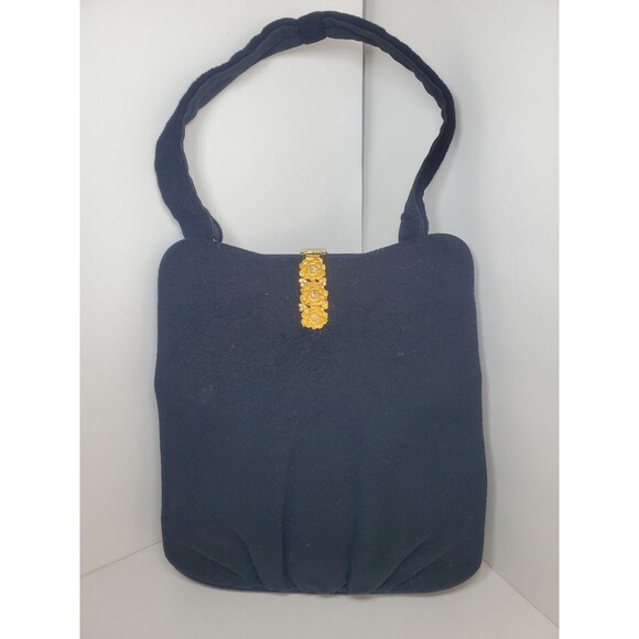 Vtg 1950s/60s Harry Rosenfeld Felt Bag Gold Floral Clasp Single Handle Formal - Picture 1 of 13